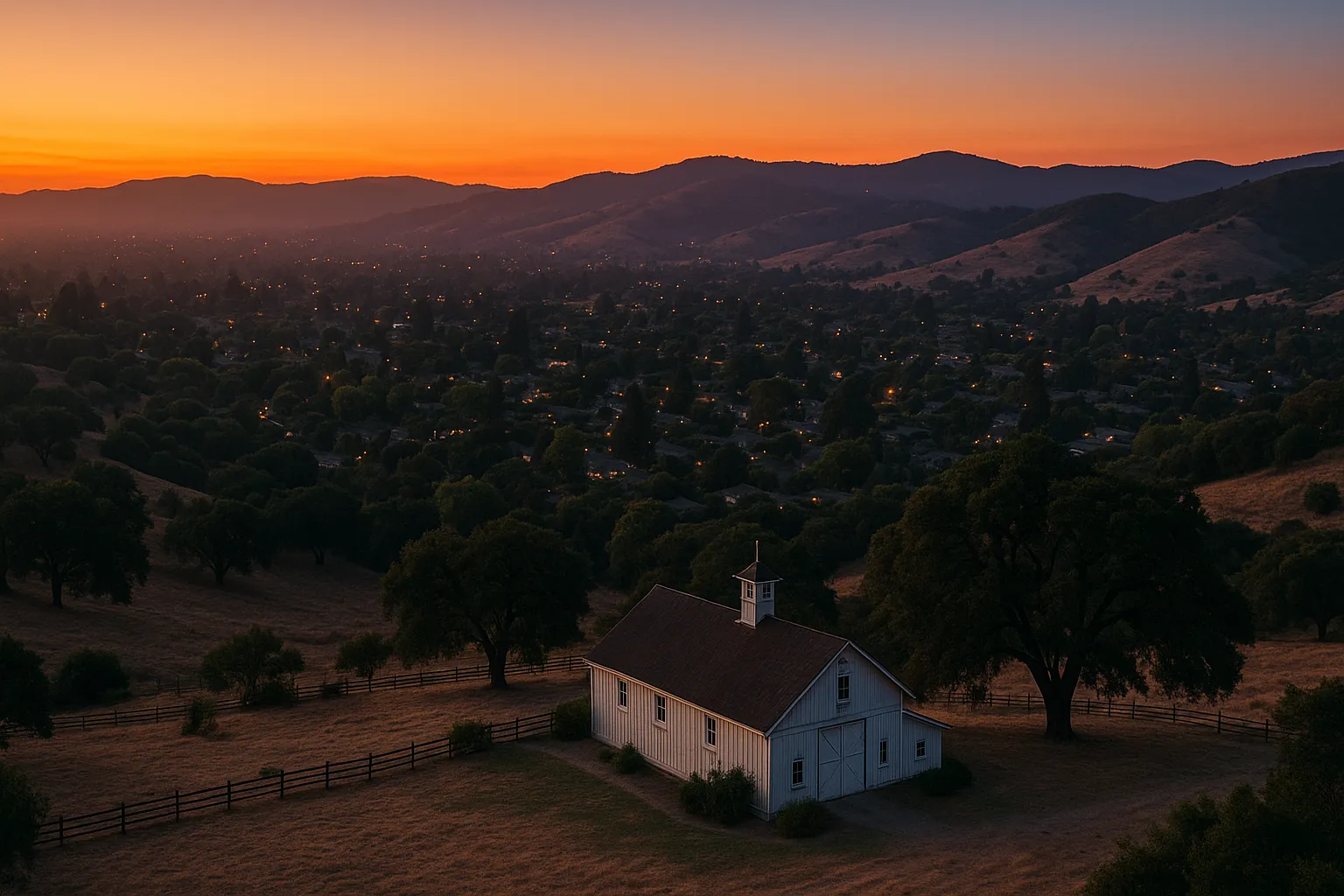 Landscape aerial twilight image of Los Altos Hills with the historic Westwind Community Barn lit softly in the foreground, rolling oak-dotted hills stretching behind under warm twilight colors, and pockets of residential clusters bathed in streetlight glow.